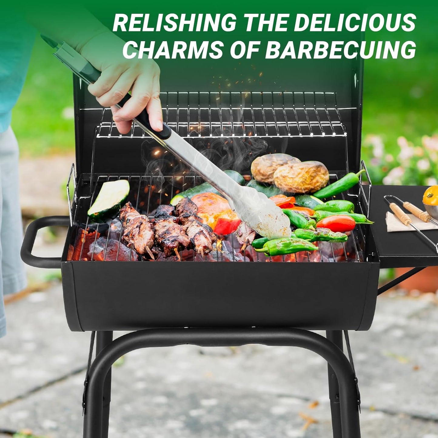 VINGLI Barrel Charcoal Grill with Side Table, BBQ Grill Outdoor Smoker Grill with Wheels for Party Garden Patio and Backyard Cooking