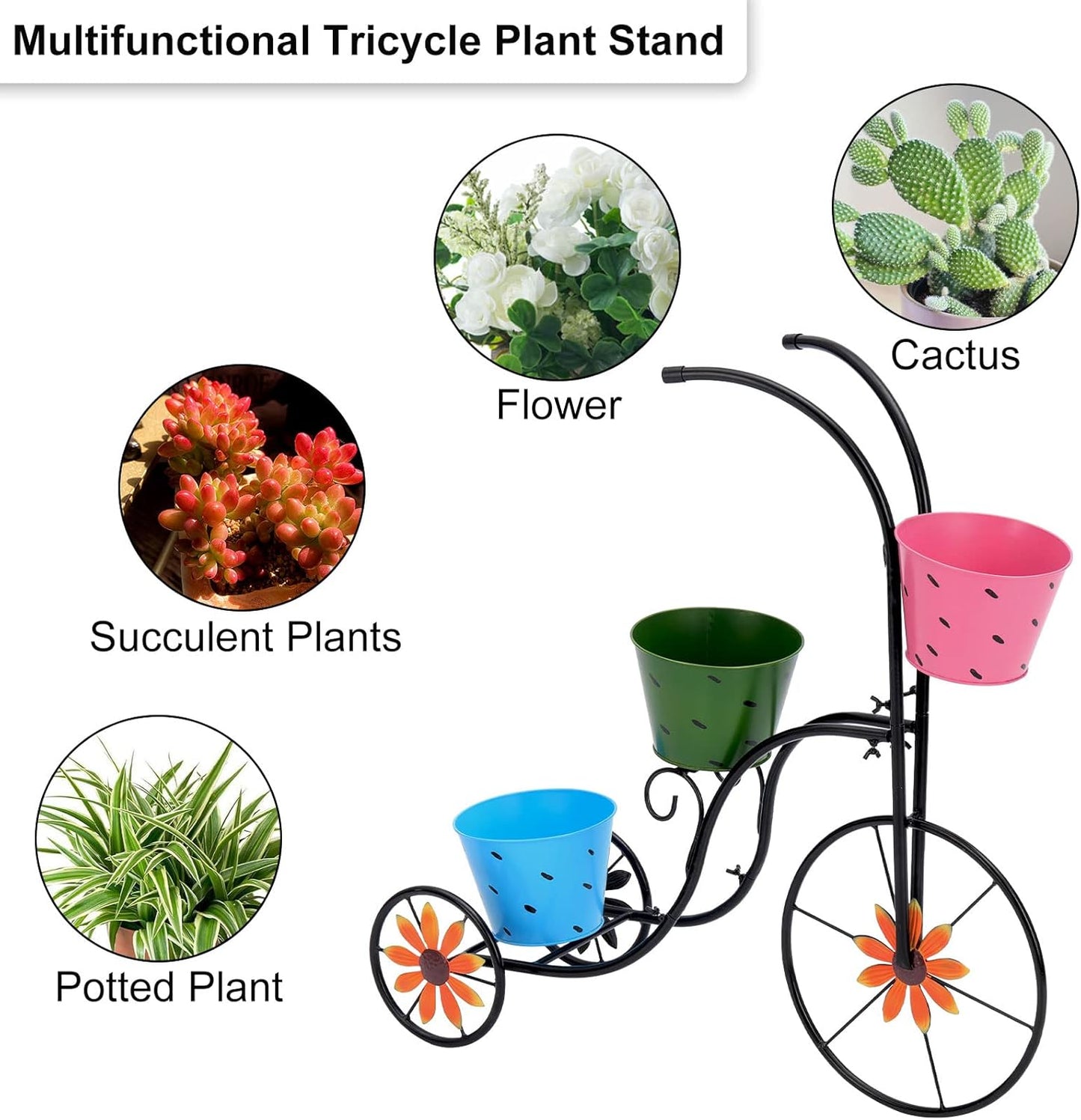 LEWIS&WAYNE Metal Tricycle Planter, 3 Tier Floral Flower Plant Stand Holder Hand Painted Outdoor Garden Patio Decor