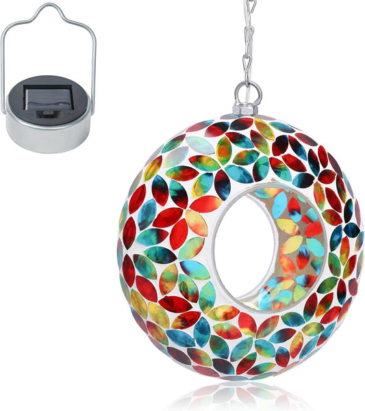 VCUTEKA Mosaic Bird Feeder Solar Fly Through Birdfeeder for Outside Hanging Round Shape Glass Container to Attract More Wild Bird Feeders for Garden Decor as Gift for Bird Lovers, Red 10-Inch