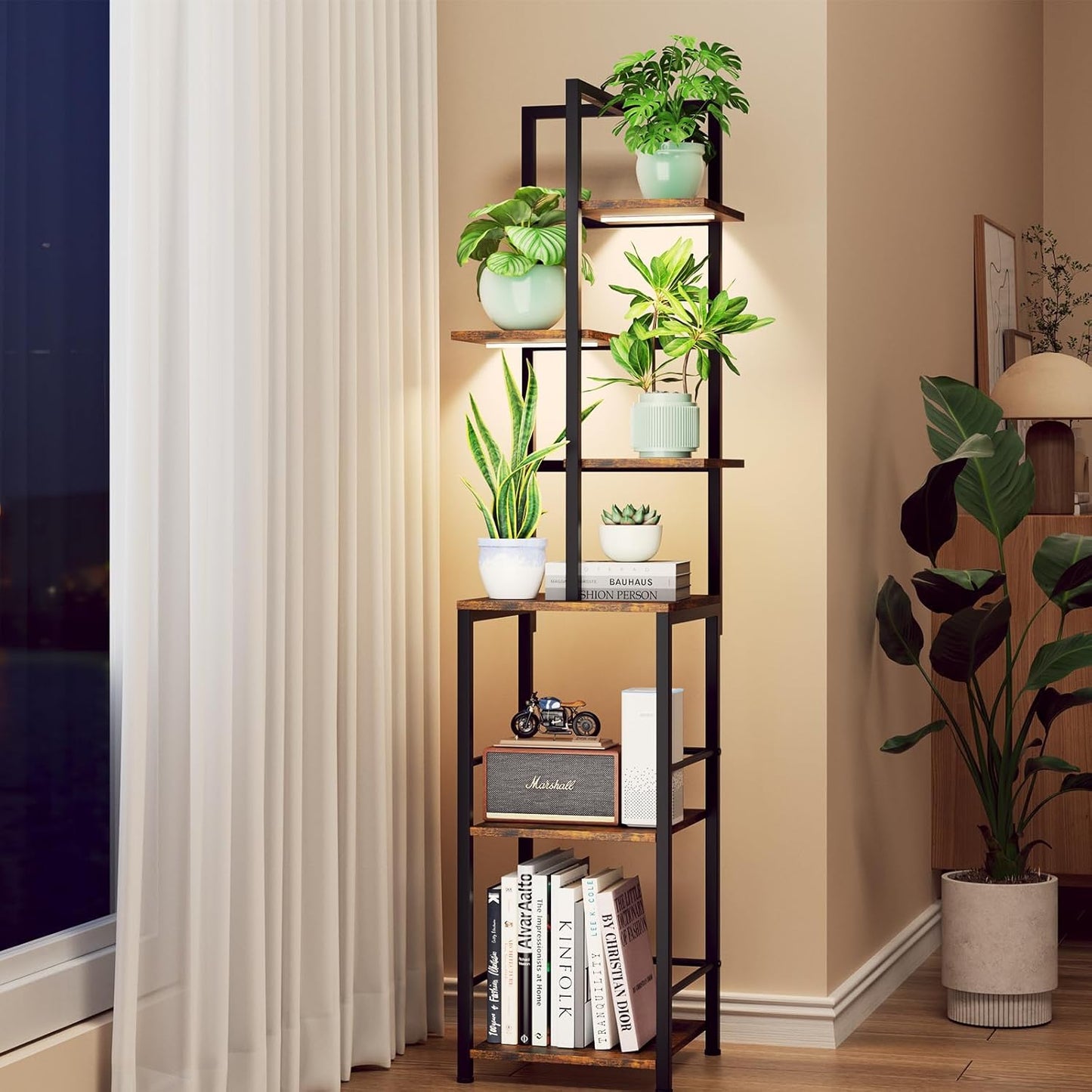 Plant Stand Indoor with Grow Light, 6-Tiered Tall Plant Stand Indoor, Metal Plant Shelf with Bookshelf Bookcase and Adjustable Light, Ideal for Living Room, Reading room, Garden, Patio (Brown)