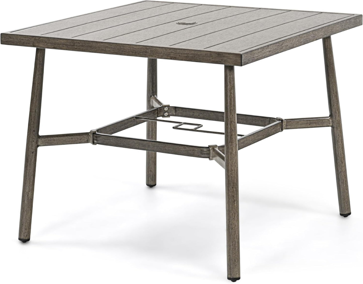 HAPPATIO Patio Table for 4, Modern Square Outdoor Dining Table with Umbrella Hole and Adjustable Feet, All Weather Aluminum Patio Table for Garden, Backyard and Poolside, Grey