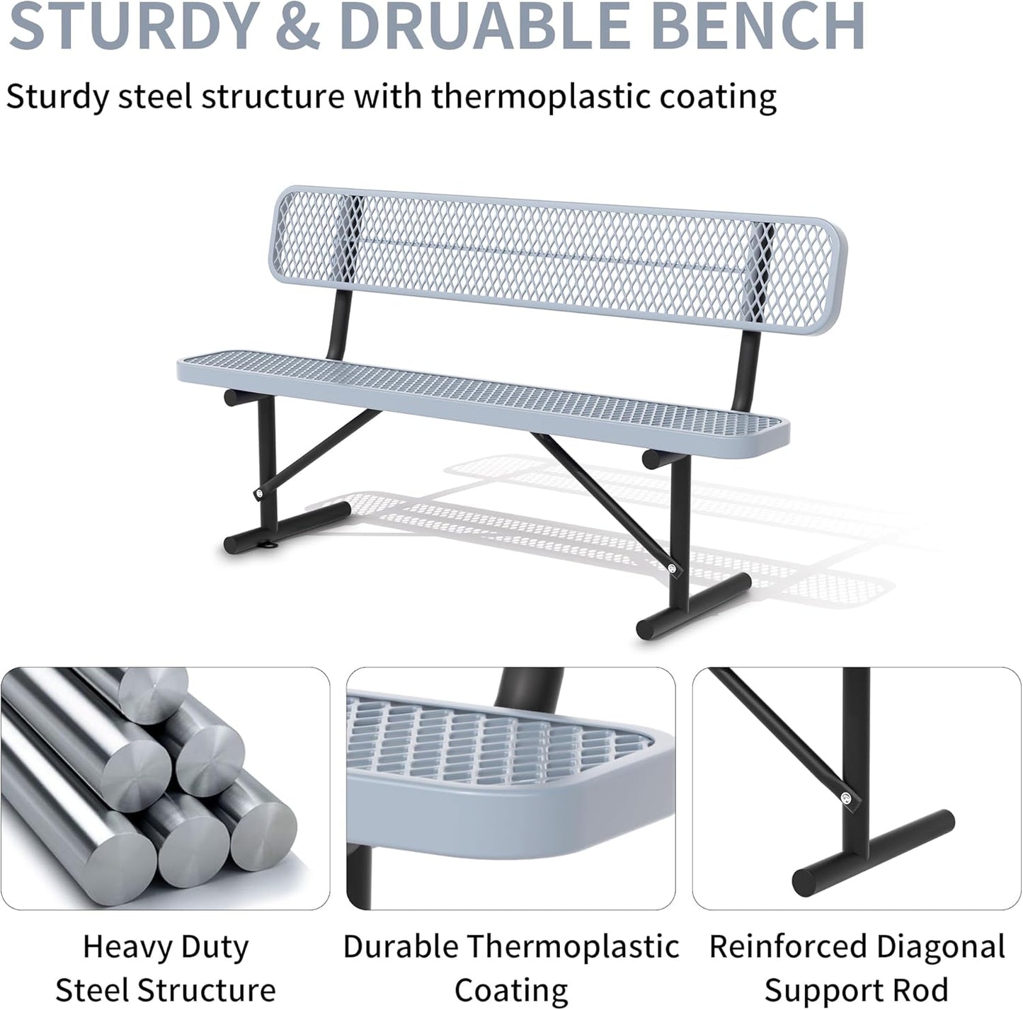 8 Feet Heavy Duty Metal Park Bench for Outside, Outdoor Bench with Backrest & Portable Frame, Commercial Benches for Shopping Malls, Stores, Parks, Patios, Decks, Grey