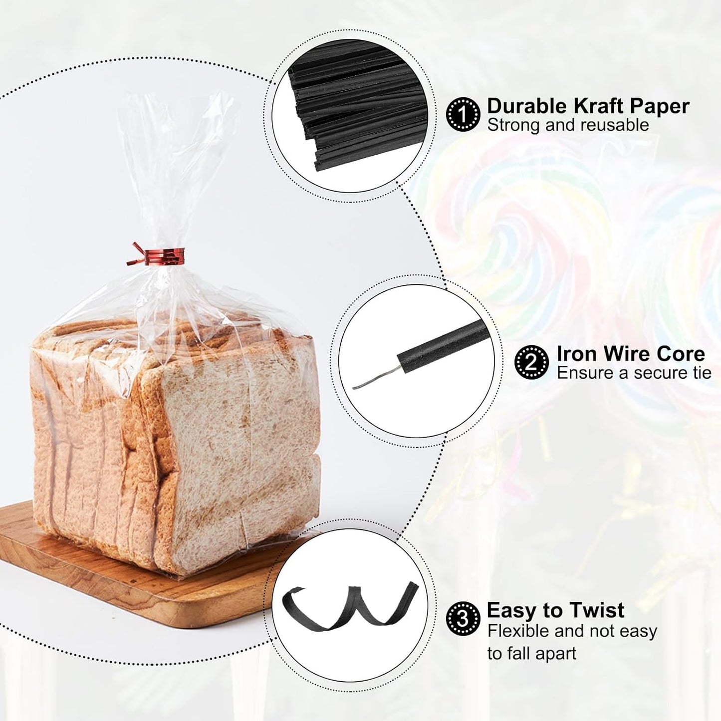 HARFINGTON 1000pcs Bag Twist Ties 3.5" Reusable Kraft Paper Twist Ties Wire Cable Ties for Party Bread Candy Cake, Black