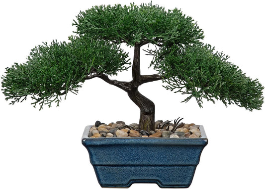 Artificial Bonsai Tree Juniper Faux Plants Indoor Fake Plants Decor with Blue Ceramic Pots for Home Table Office Desk Bathroom Shelf Bedroom Living Room Farmhouse Decorations-Pine