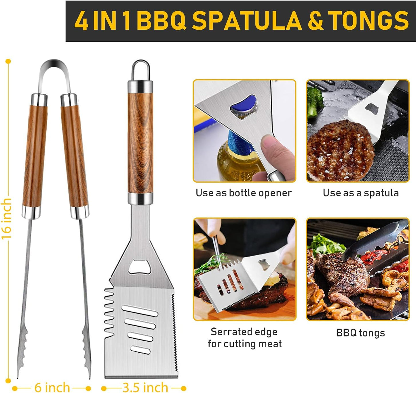 34Pcs Grill Accessories Grilling Gifts for Men, 16 Inches Heavy Duty BBQ Accessories, Stainless Steel BBQ Tools with Thermometer, Grill Mats for Backyard, BBQ Gifts Set for Men Women