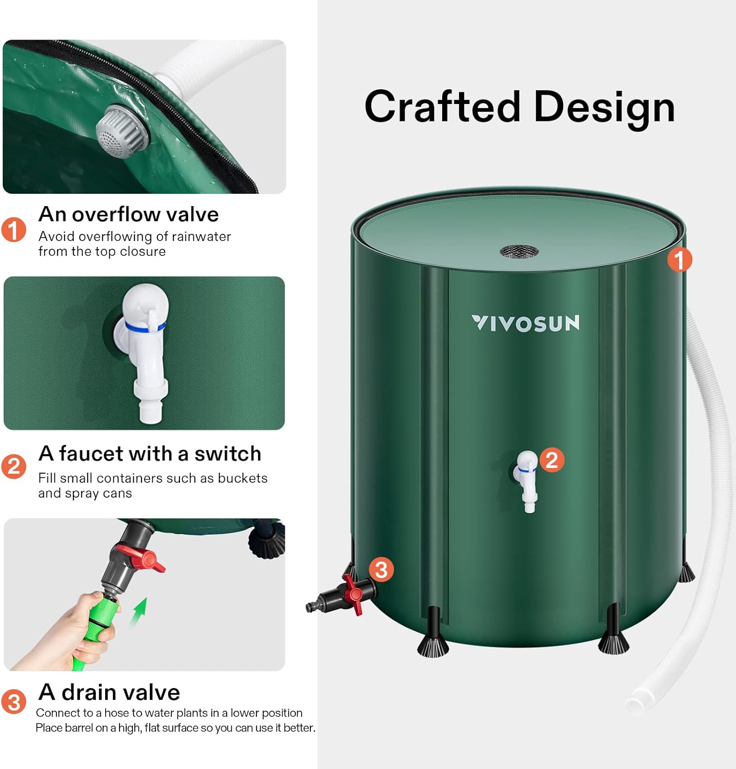 VIVOSUN Collapsible Rain Barrel, 100 Gallon Water Storage Tank with 1000D Oxford Cloth, Portable Rain Collection System Includes Two Spigots and Overflow Kit, Green