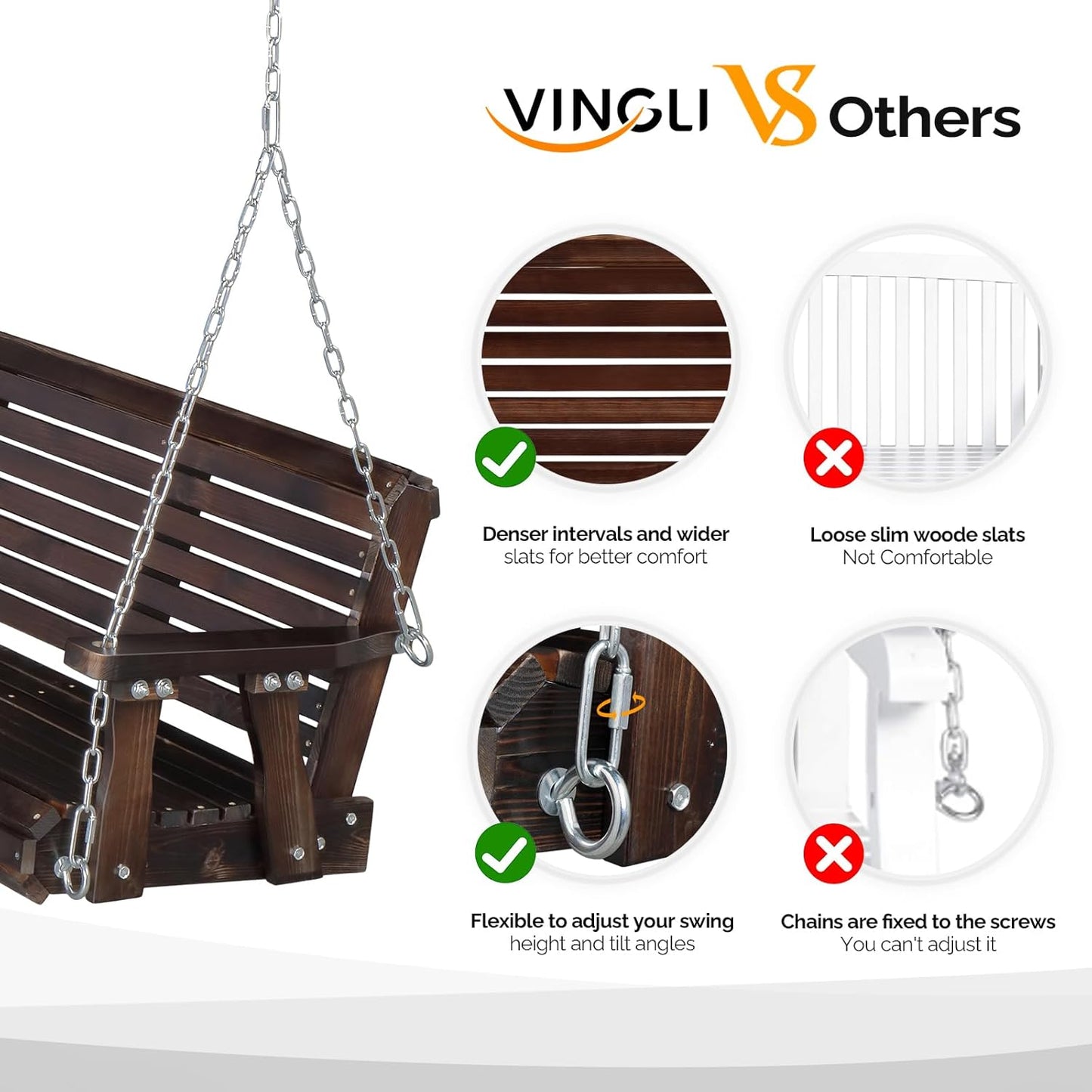 VINGLI Upgraded Patio Wooden Porch Swing for Courtyard & Garden, Heavy Duty 880 LBS Swing Chair Bench with Hanging Chains for Outdoors (Rustic, 4 FT)