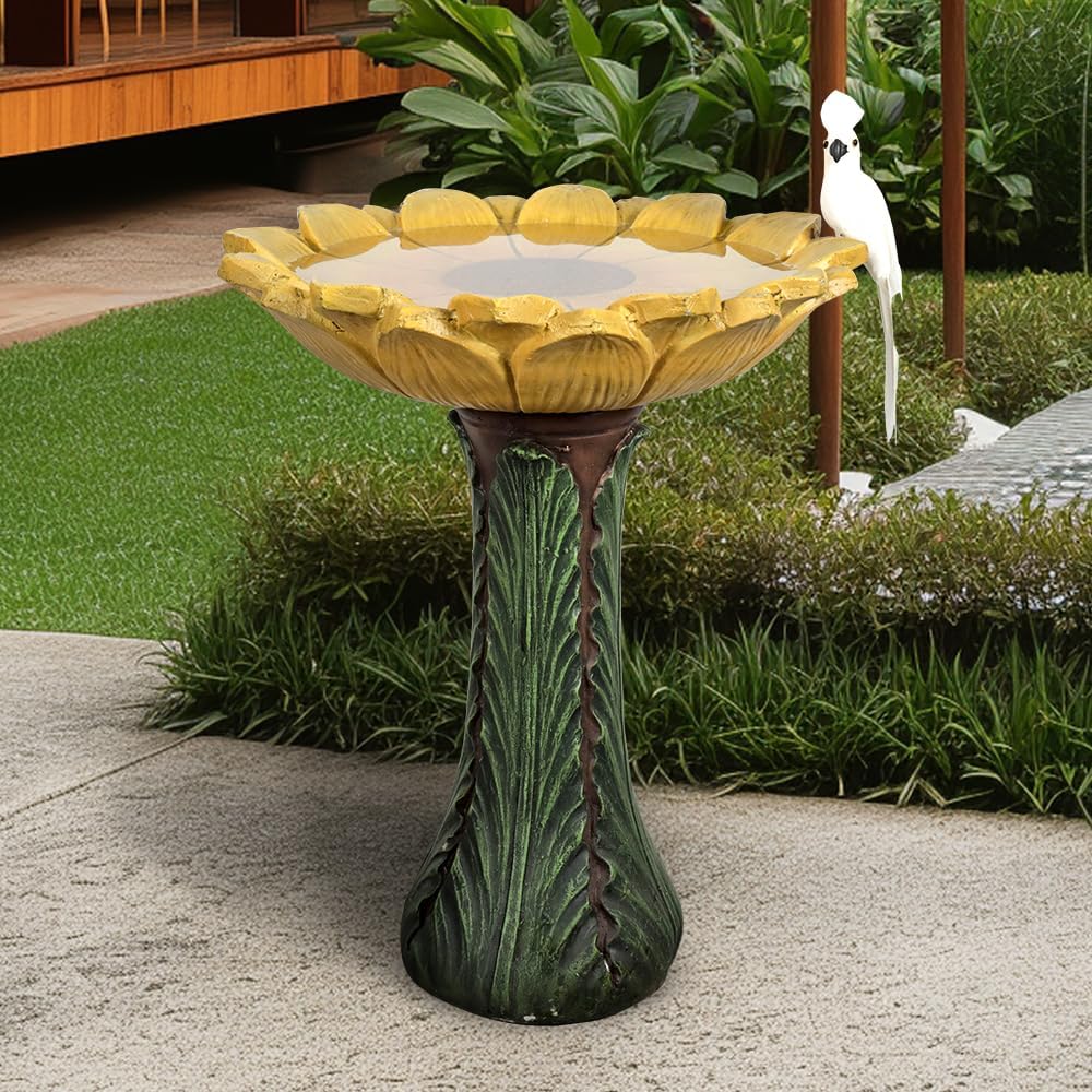 Garden Birdbath Sunflower Shaped, 24.4" H * 20" Φ Freestanding Concrete Bird Bath for Outside Patio Yard Decor