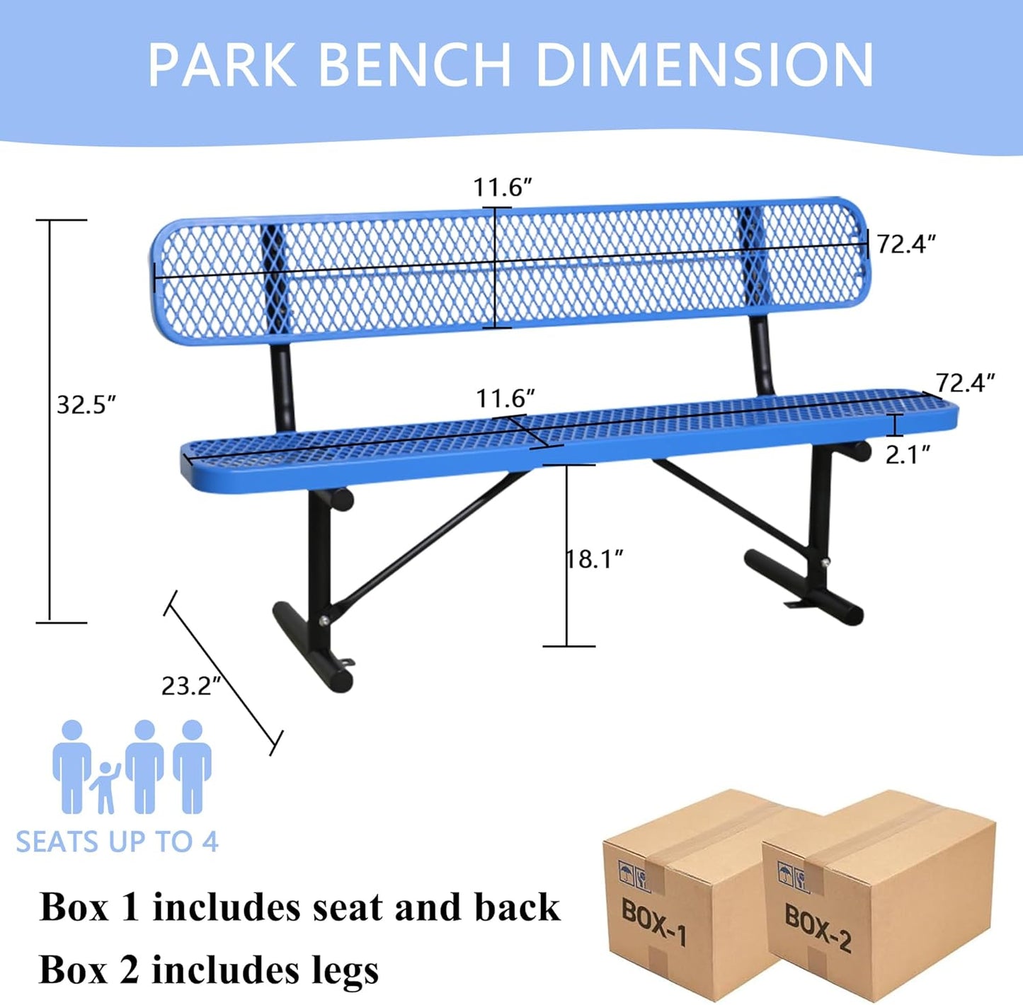 6 FT Steel Park Bench for Outside, Outdoor Bench with Backrest & Portable Frame, Commercial Benches for Shopping Mall, Store, Park, Patio, Deck, Blue