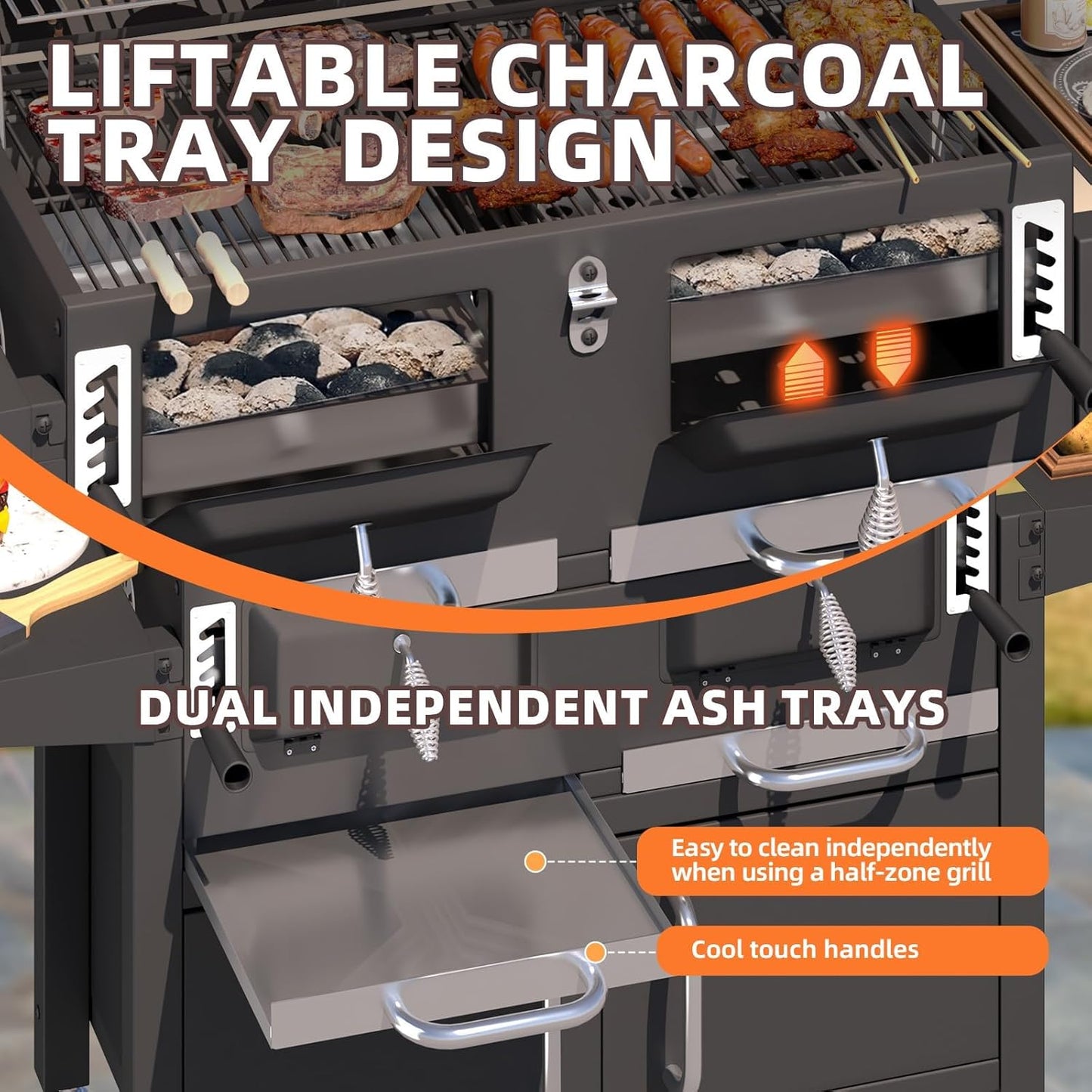 MELLCOM 36 In Extra Large Charcoal Grill - 620 Sq.In Oversized BBQ Area with Storage Cabinet & Individual Lifting Charcoal Trays, Thermometer and Foldable Side Tables for Outdoor