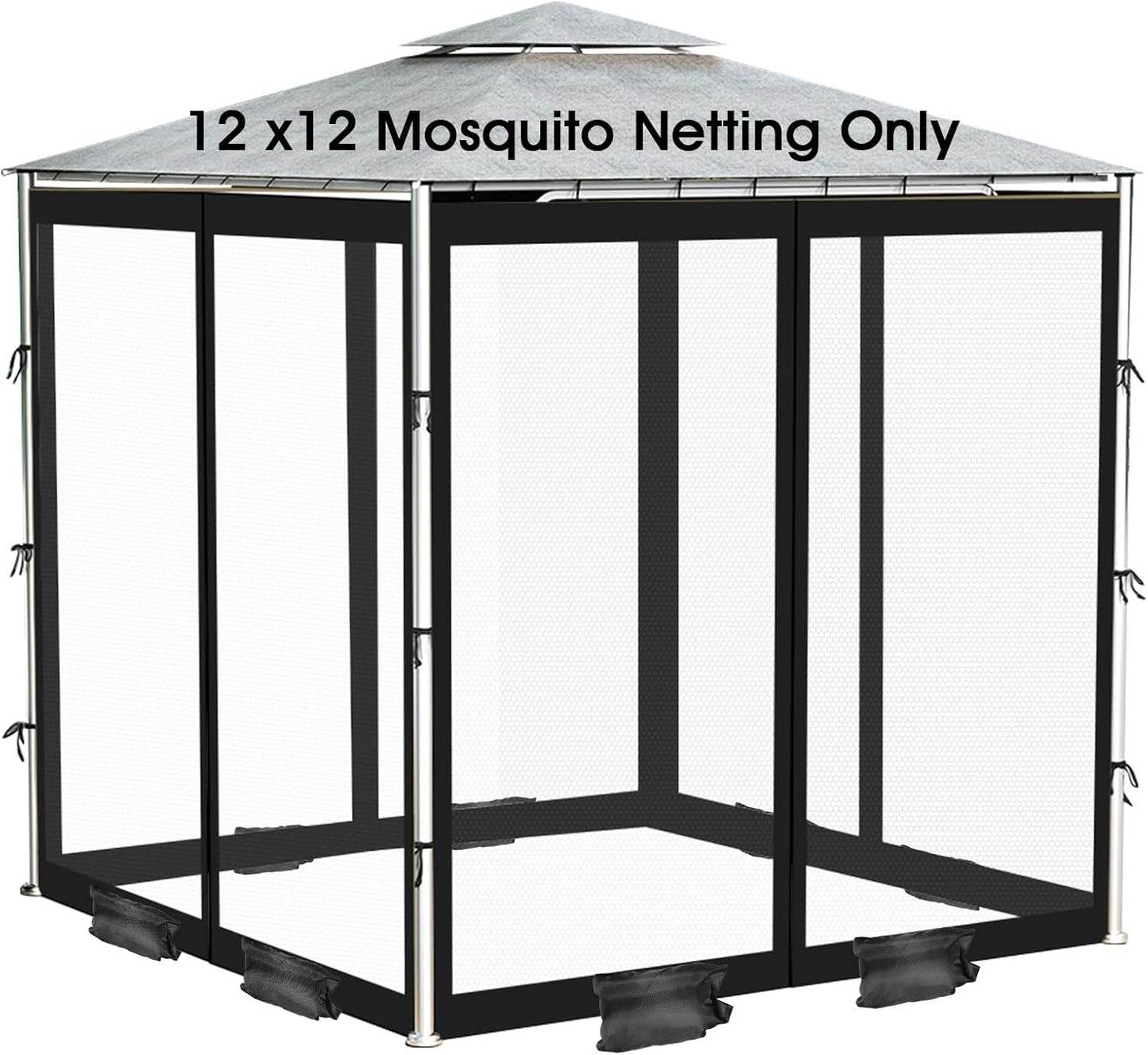 ShowyLive 12x12 Patio Umbrella Mosquito Netting with Zipper 4 Doors & 8 Weight Bag - Adjustable Polyester Mesh Bug Screen for Outdoor Umbrellas, Garden, Patio Tables (Black)