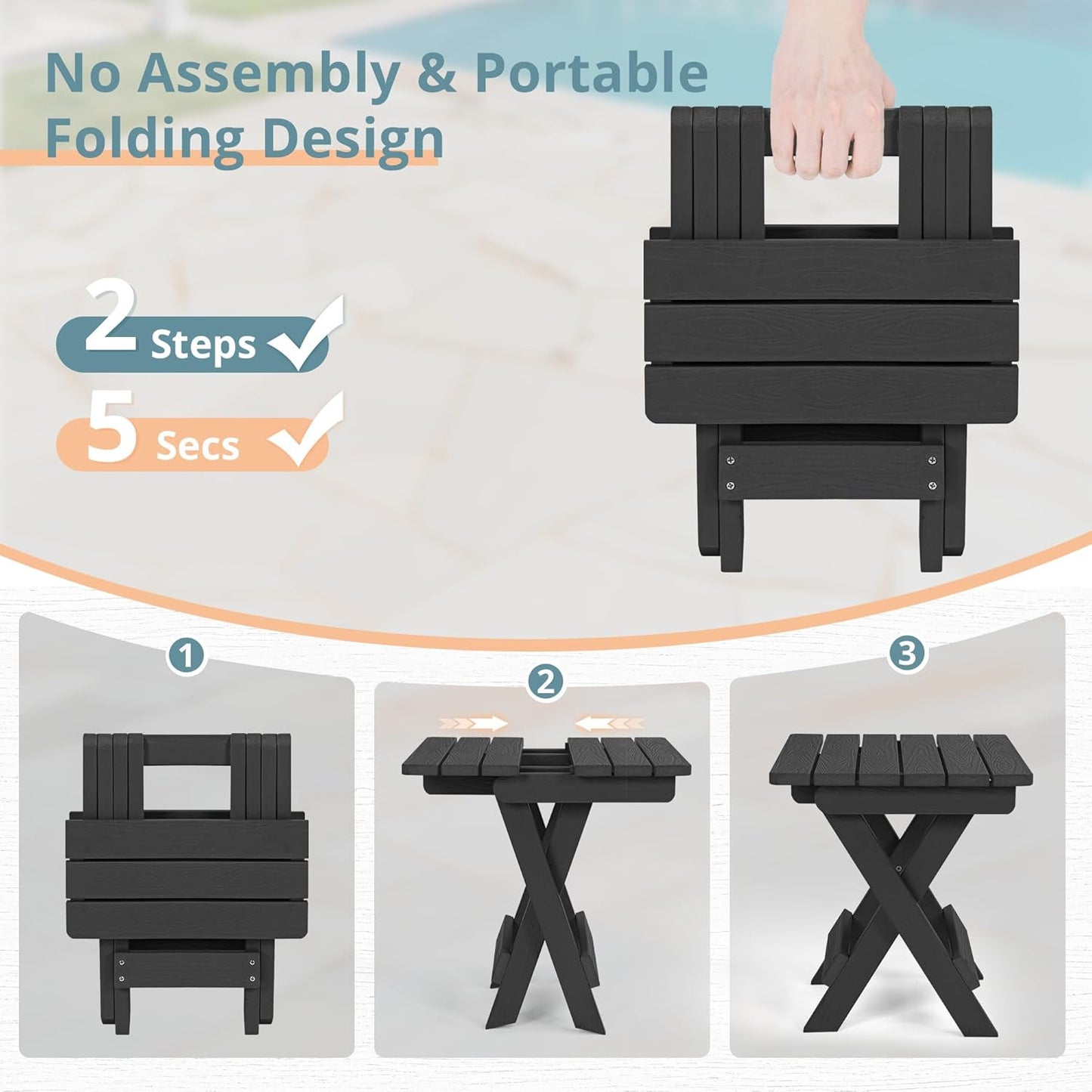 LUE BONA Small Outdoor Folding Side Table, Indoor Shower Bench Stool, HDPS End Table for Bathroom, Patio, Pool, 14 Inch Height, Black