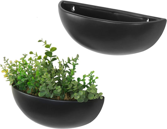 MyGift Matte Black Ceramic Indoor Wall Planter, 12 Inch Semi Circle Hanging Wall Vase, Set of 2