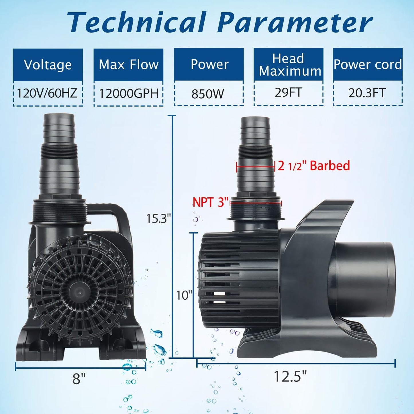 WaterRebirth (12000GPH, UL Listed) PS- High Flow Submersible Water Pond Pump - Water Fountain Aquarium UL listed (12000GPH-850W)
