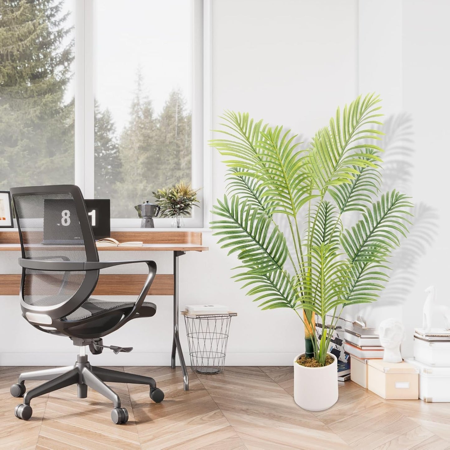 Artificial Fake Palm Tree 4FT 1Pack with White Planter & Free Moss, UV Resistant Artificial Palm Tree for Outdoors, Fake Plants for Poolside Home Room Decor, Faux Plants Outdoor Decor