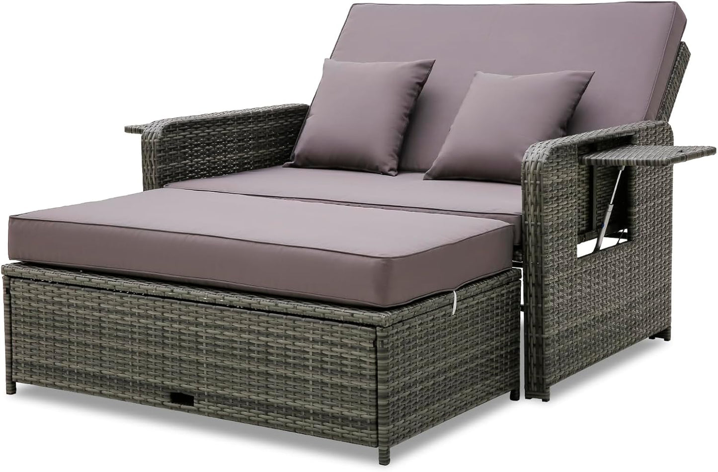 Tangkula Patio Rattan Daybed Set, Wicker Loveseat Sofa w/Multipurpose Ottoman & Retractable Side Tray, 4-Level Adjustable Backrest, Footstool w/Storage, Seat & Back Cushion Included (Gray)