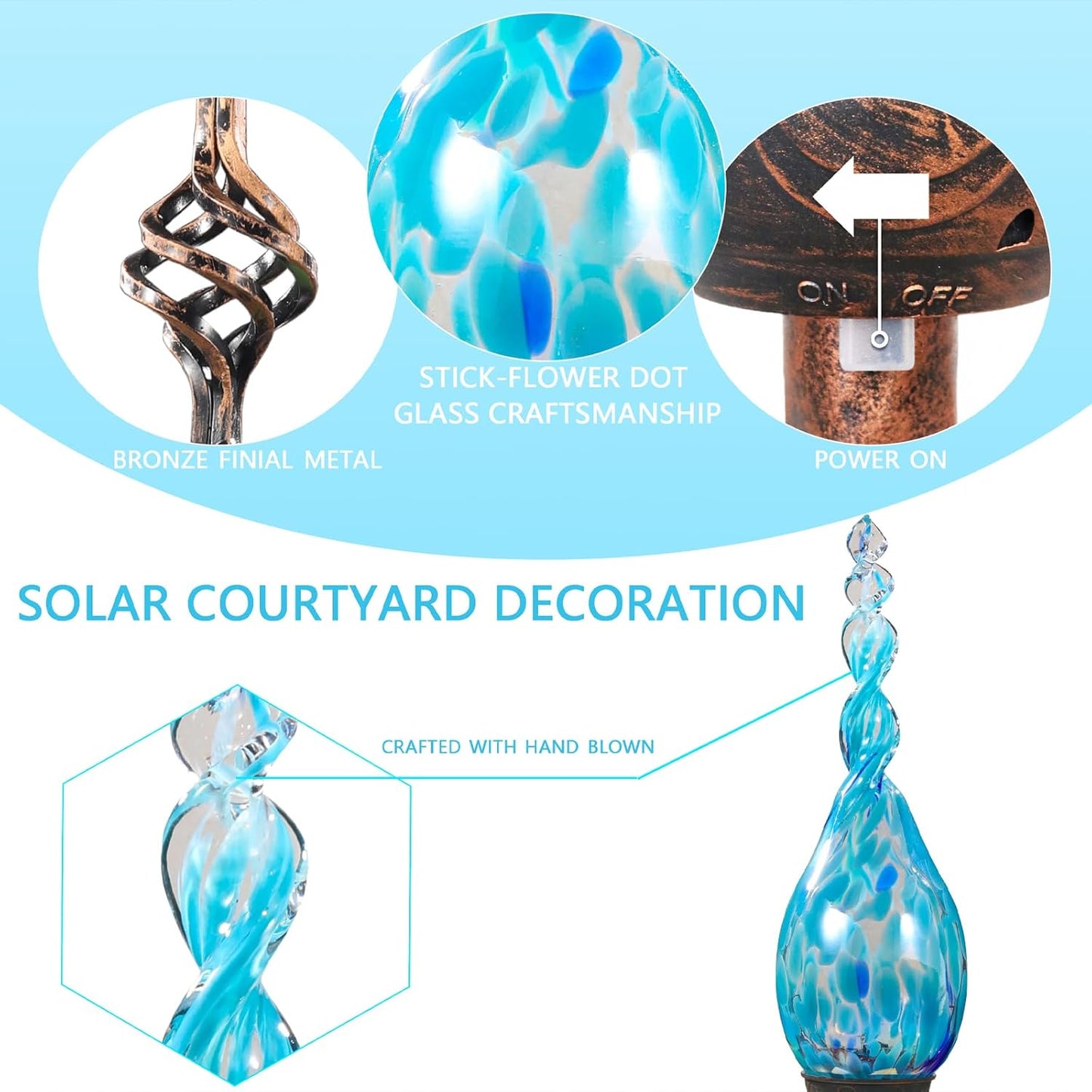Garden Solar Light, Decorative LED Flame Garden Stakes, Hand Blown Glass and Metal Outdoor Decoration, 3 x 36 Inches (Light Blue)