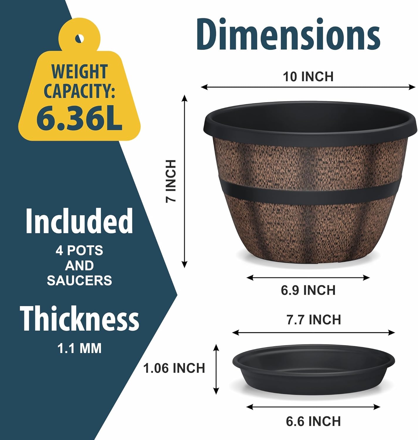10-Inch Whiskey Barrel Planters Outdoor Pack of 4, Plastic Decoration Plant Pots for Indoor & Outdoor Use with Drainage & Saucer, Rustic Garden Planters for Flowers, Small Plants & Herbs