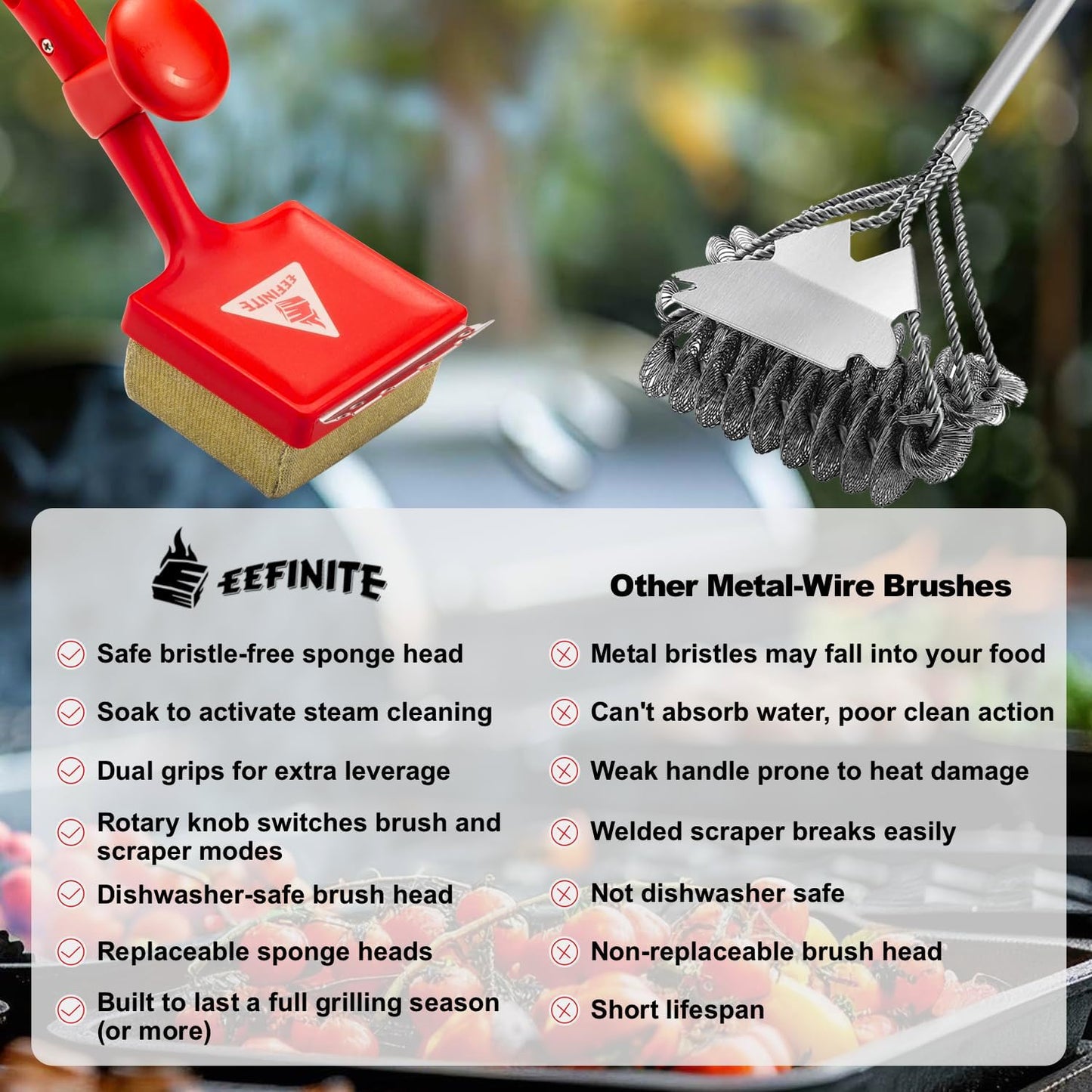 BBQ Grill Cleaner Brush, EEFINITE Steam Grill Brush for Outdoor Grilling with Replacement Scrub Sponge + Superior Scraper, Safe No Wire Bristle Barbecue Scrubber Brush for Grills Cleaning Tool