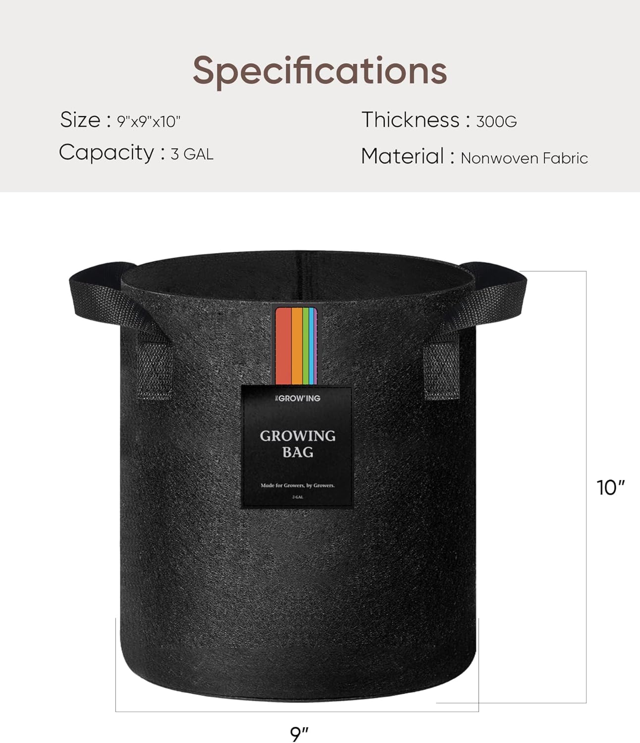 The Growing 5 Pack 3 Gallon Fabric Grow Bags，Thickened Aeration Nonwoven Fabric Plant Pots with Durable Handles,Heavy Duty 300G Planter Pot for Tomato, Fruits, Vegetables and Flowers, Black