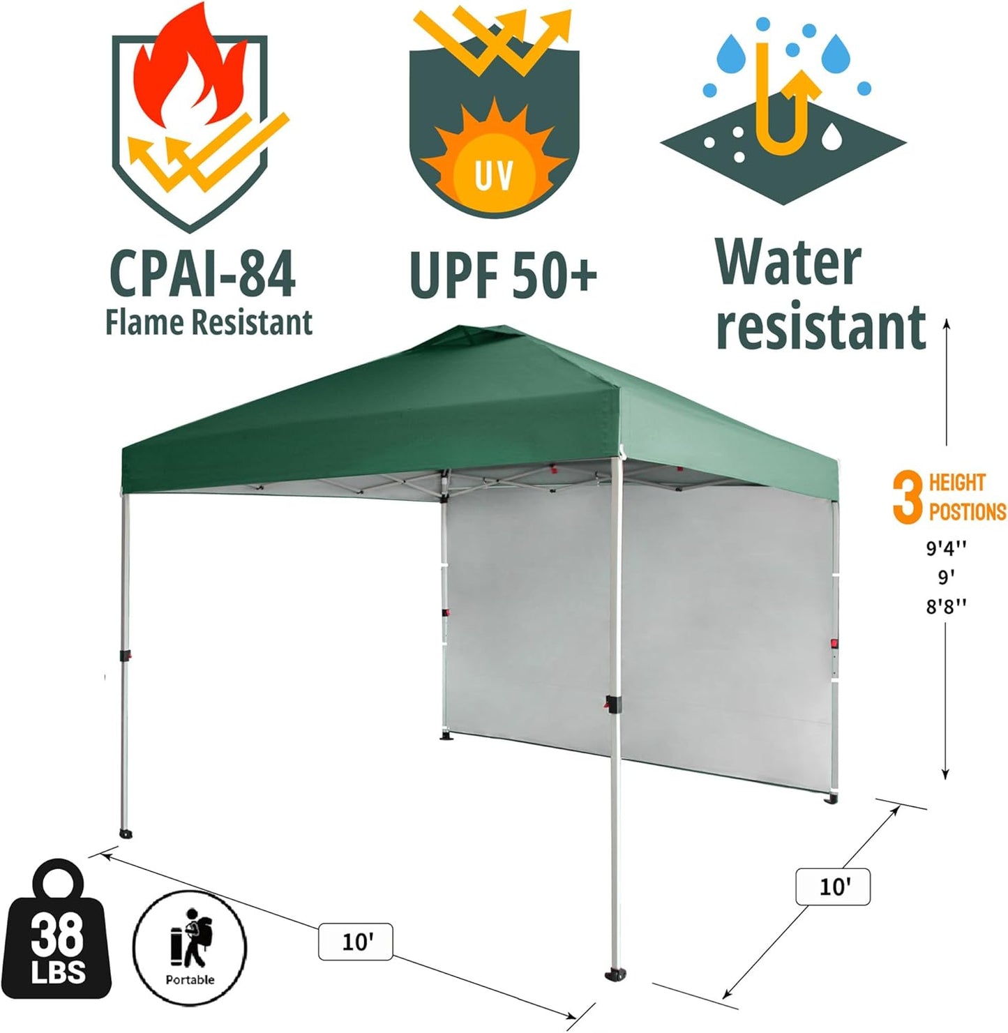 CROWN SHADES 10x10 Pop Up Canopy with 1 Side Wall - Beach Tent with One Push Setup - Outdoor Sun Shade for Events, Parties, Camping - Gazebo with STO-N-Go Cover Bag (Forest Green)