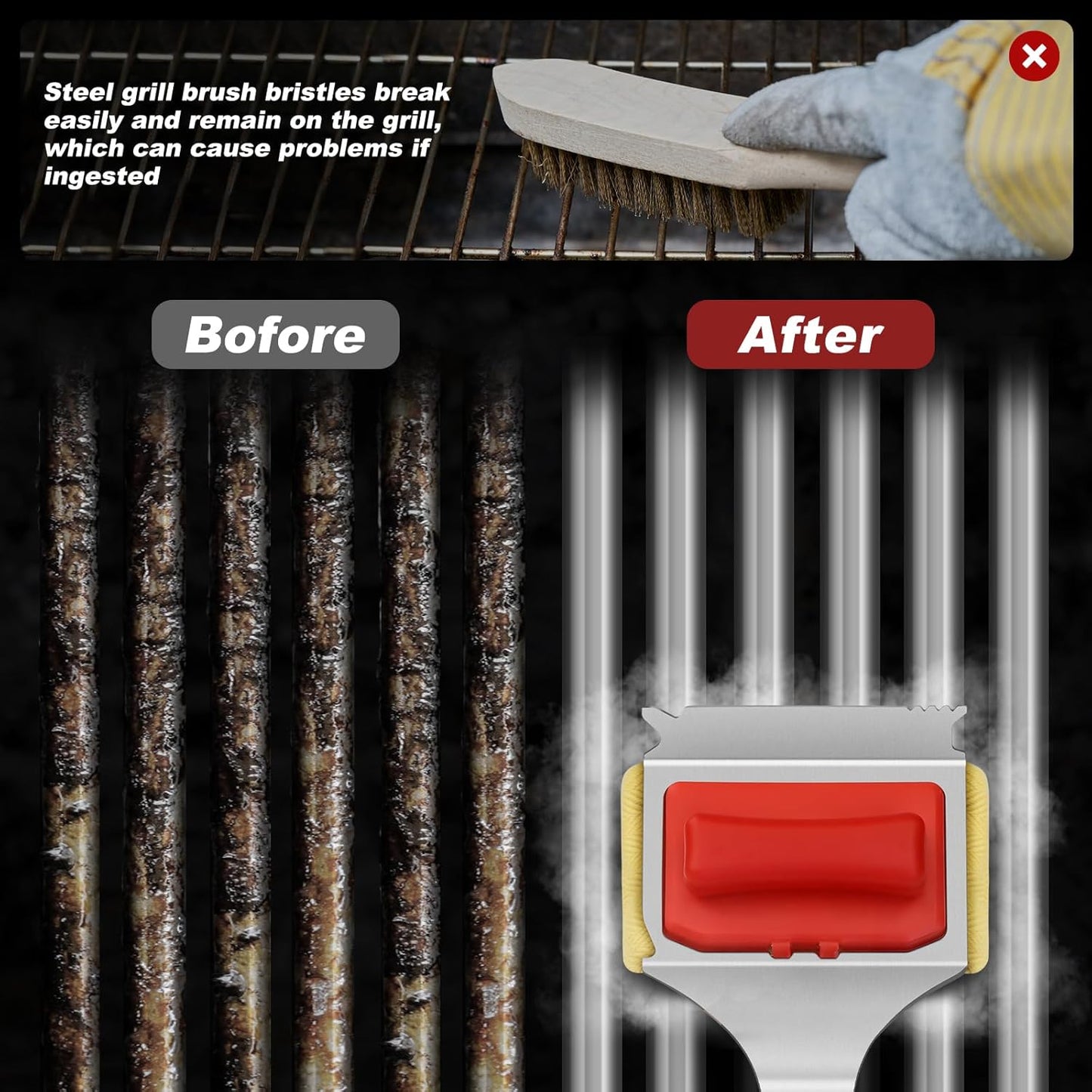 Steam Safe Grill Cleaning Brush Bristle Free and Scraper for Outdoor Grill with 15" Extended Handle, 3X Thick Aramid Fabric Replaceable Brush Heads, Triple-Groove Scraper Design for All Grates, Red