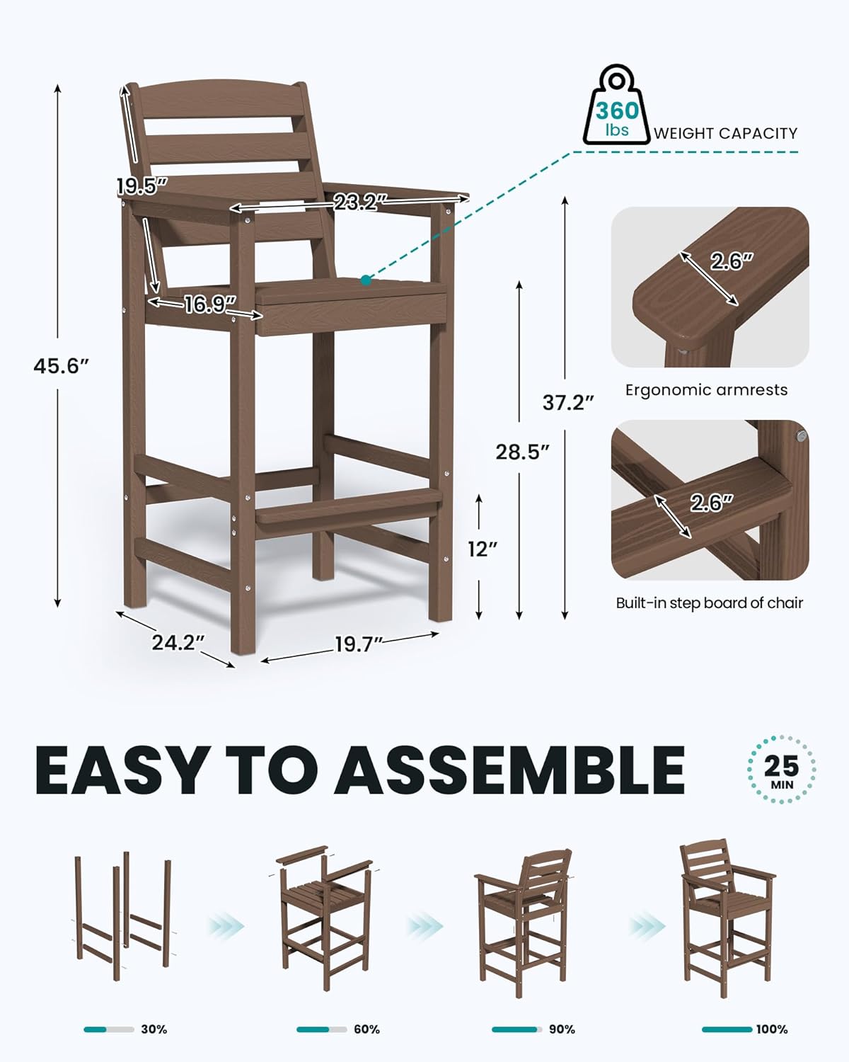 SERWALL Tall Adirondack Chairs Set of 2, Oversize Balcony Adirondack Chairs Set, Outdoor Bar Height Barstools Widened Chair Set for Bistro, Poolside, Garden, Brown