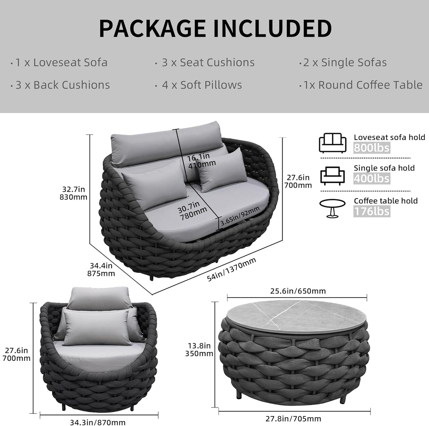 TWT Patio Furniture Sofa Set 4 Pieces Aluminum Outdoor Furniture w/27.8in Coffee Table,Patio Conversation Set with Dark Grey Textilene Rope Grey Cushions for Sunroom Backyard Poolside Indoor