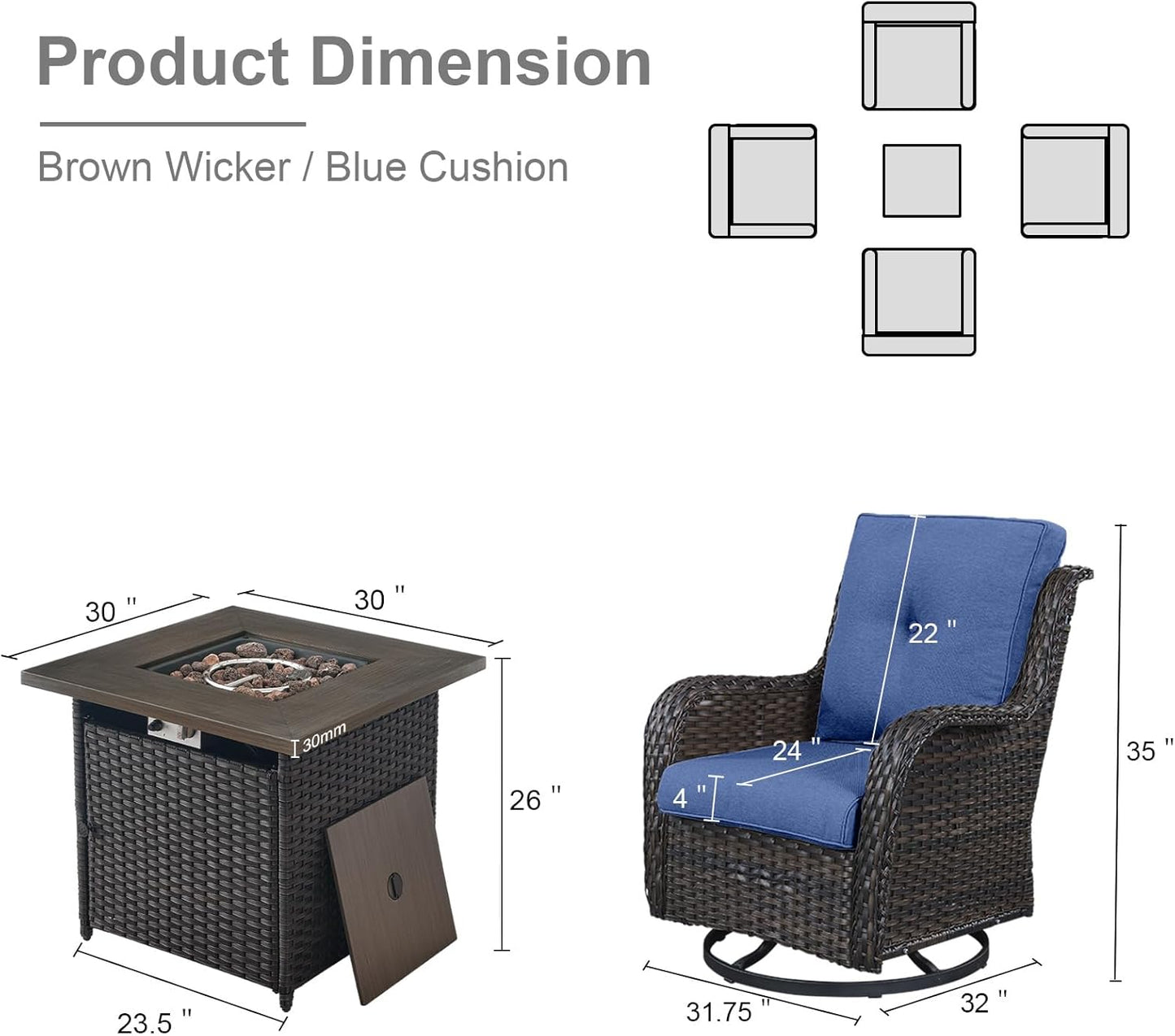 5 Pieces Patio Wicker Furniture Set - 4 Outdoor Swivel Rocker Glider Chairs with Propane Fire Pit Table, Warm Patio Conversation Set Blue Cushion Perfect for Casual Gathering