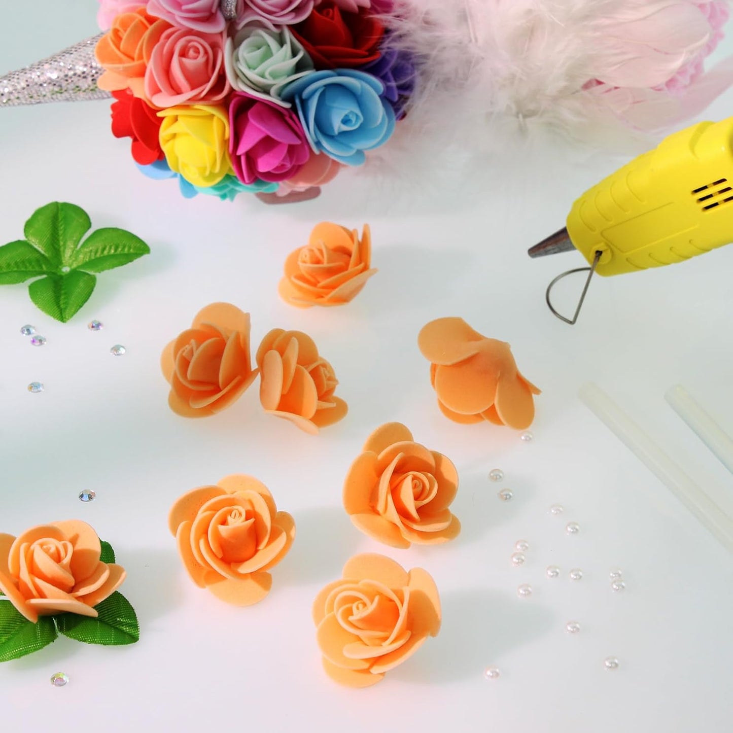500 Pcs 1.4 Inch Mini Artificial Flowers Head Bulk 5 in 1 Set Faux Foam Fake Small Rose Tiny Baby Flores Bouquet Cake Gift Home Decoration DIY Craft (Orange)
