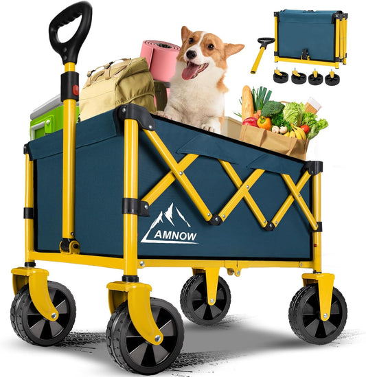 Collapsible Wagon Cart with Wheels Foldable, Folding Wagons Carts with Silent Universal Wheels, Large Grocery Cart On Wheels, Heavy Duty Utility Wagon for Shopping Beach Sports Fishing Camping, Green