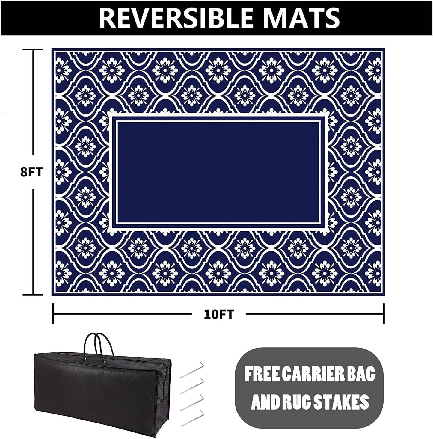 Outdoor Rug 8x10 Patio Camping Carpet Waterproof Mat Blue Outside Plastic Area Rug Reversible Rugs for RV Deck Entryance Porch Picnic Balcony Beach(8x10ft Navy Blue&White)