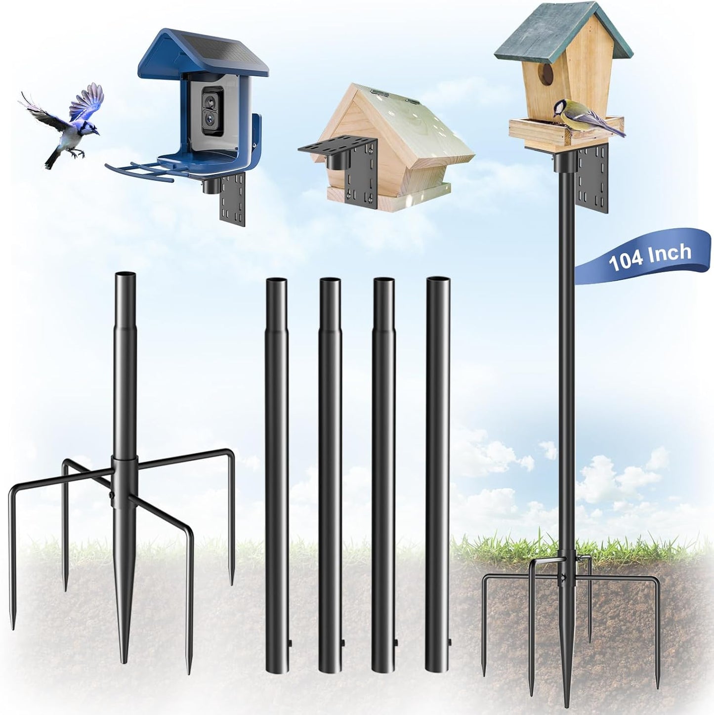 Bird Feeder Pole Stand – 104 Inch Height Feeding Station with 1-Inch Dia Heavy Duty for Hanging Feeders, Bird House Pole Mount Kit for Outdoor, Slip-Fit Connection