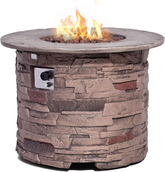 COSIEST Outdoor Propane Concrete Fire Pit Table w Imitation Stone Surface 32-inch Round Fire Table, CSA Certified, 40,000 BTU Stainless Steel Burner, Free Lava Rocks, Fits 20lb Tank Inside