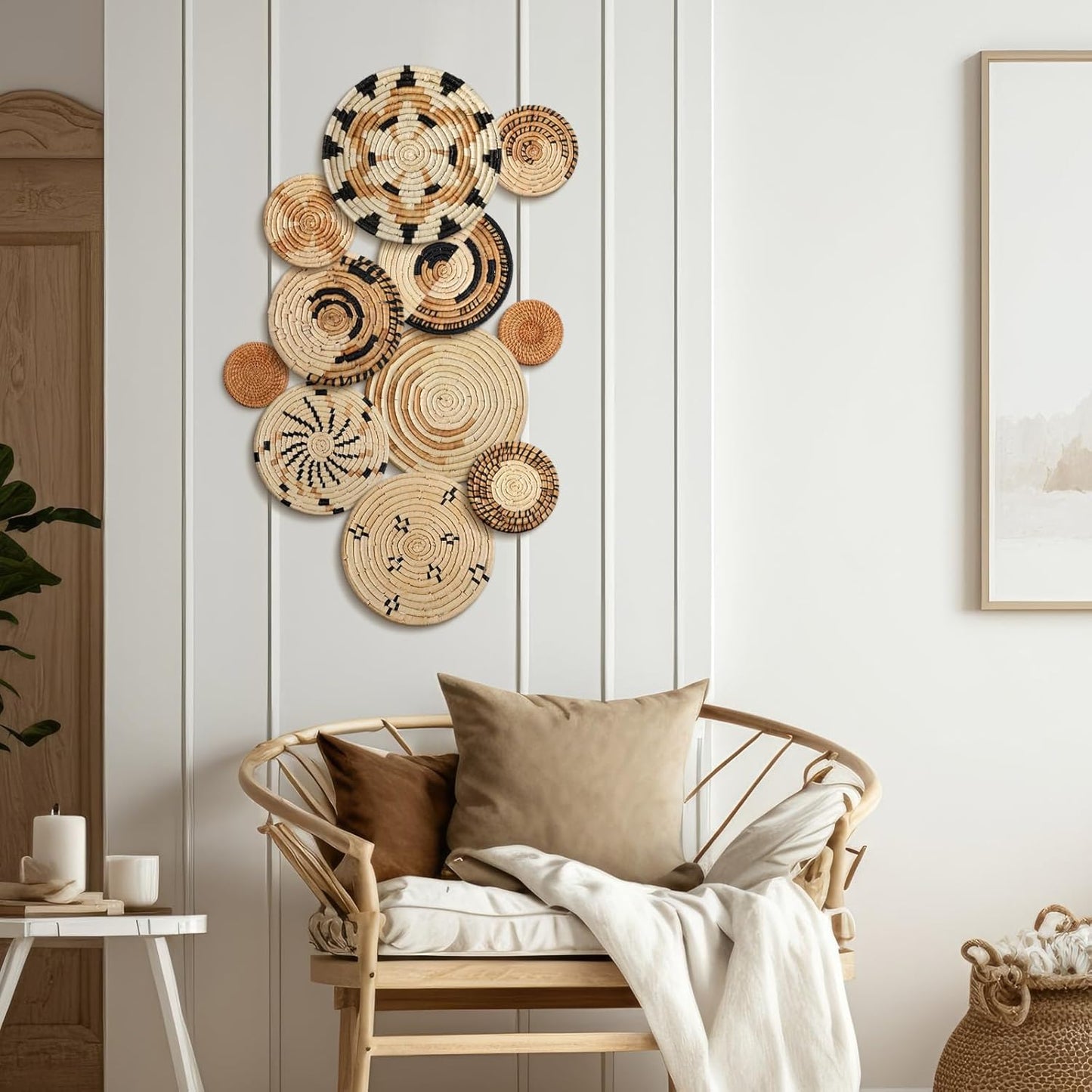 Tatuo 11 Pcs Boho Wall Basket Decor Decorative Bulrush Woven Basket Wall Decor Art Round Farmhouse Hanging Baskets for Kitchen Rustic Home Summer Decorations, Multi Sizes(Artistic)