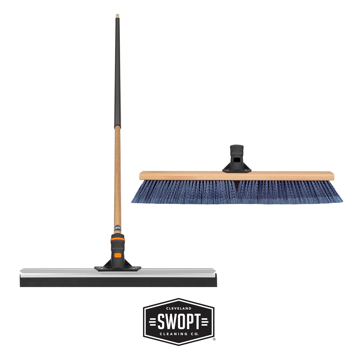 SWOPT 24” Floor Squeegee, 24” Multi-Surface Push Broom + 60" EVA Foam Comfort Grip Wooden Handle, Combo — 2 Cleaning Heads with Long Handle Interchangeable with SWOPT Cleaning Heads