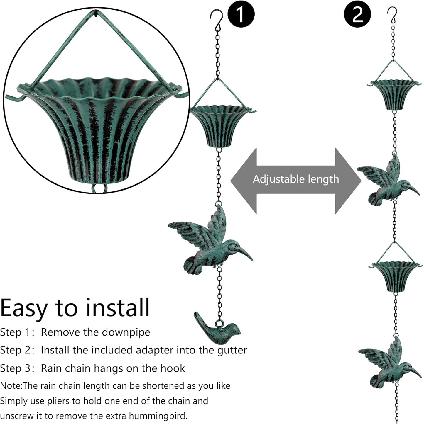 Rain Chain 8 FT,Wrought Iron Rain Chains for Gutters,Rain Chains for Outside with Hummingbird and Cup Rain Chains,Rainwater Catcher Chain, Outdoor Garden Decor(Antique Blue)