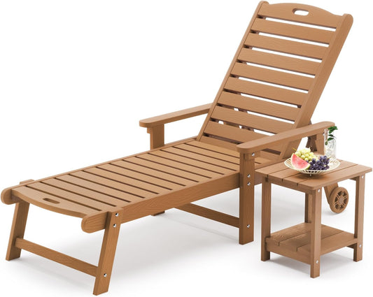 LUE BONA Chaise Lounge Chair with Table, 2-Piece, 79'' Oversized HDPS Chaise Lounger, 5 Positions Adjustable Lounge Chairs, Pool Lounge Chair with Wheels for Poolside, 3 Year Warranty, Teak Color