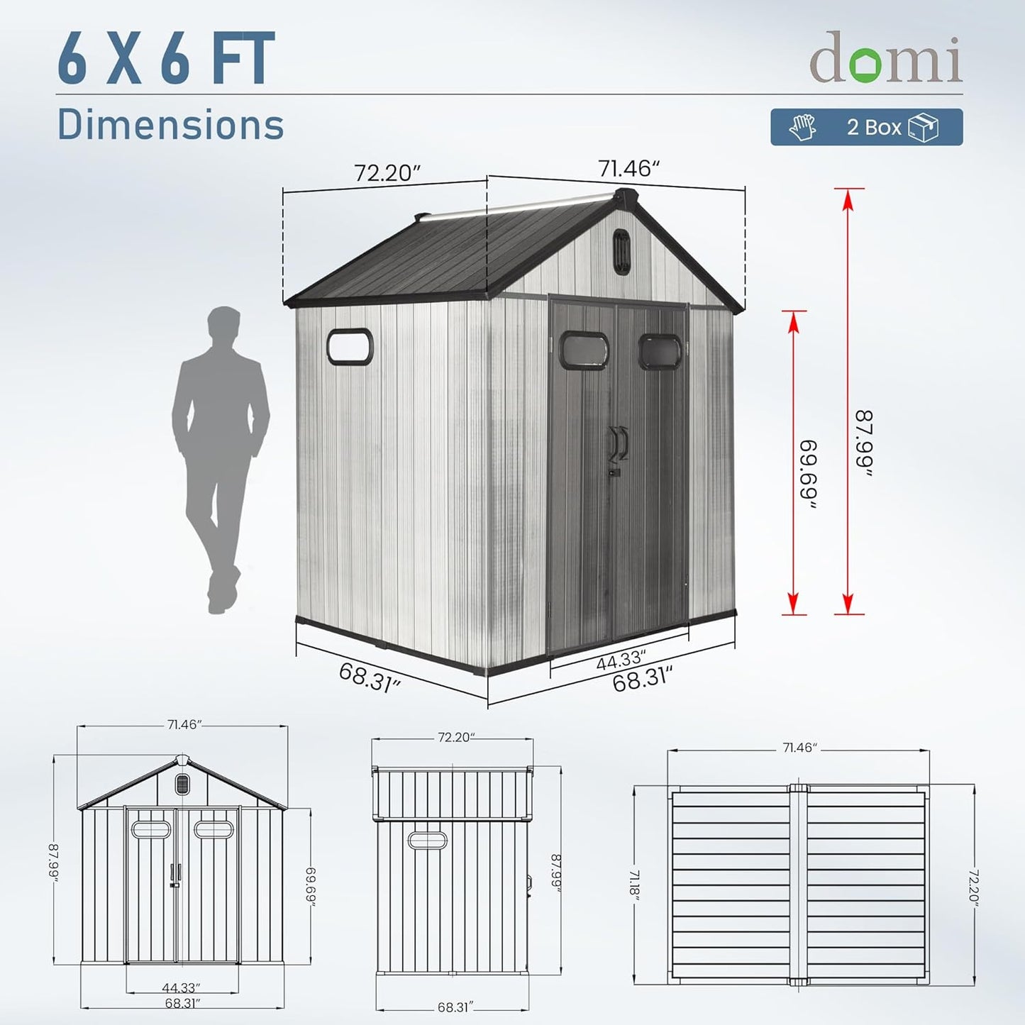 Domi 6x6 FT Outdoor Resin Storage Shed, All-Weather Double-Wall Storage Building for Backyard, Garden, Lawn Tools, Mower, Bike & Pool Equipment, Lockable Doors, Ventilated Roof, Grey