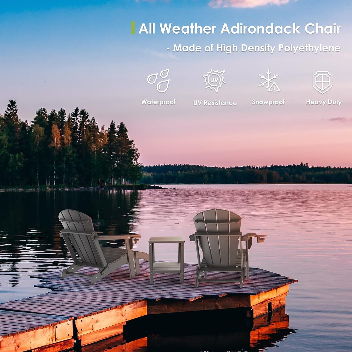 GREENVINES Folding-Adirondack-Chair | HDPE Plastic | Fire Pit Chairs | All Weather | Cup Holder | Grey | for Deck Backyard Patio Outdoor Garden