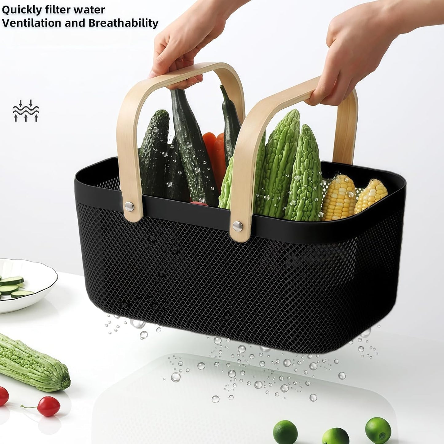3pcs plastic harvest baskets, foldable wooden handles, rectangular garden storage baskets, for picking and collecting vegetables and fruits in the garden cabinet (Black)