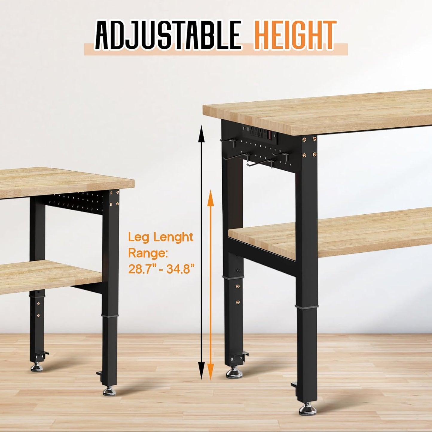 Albott 96" Adjustable 2-Tier Workbench with Solid Wood Top, Max 2000lbs Capacity, Built-in Power Strip with 4 AC Outlets & 2 USB Ports, Pegboard & 20 Hooks, Shop Garage Office