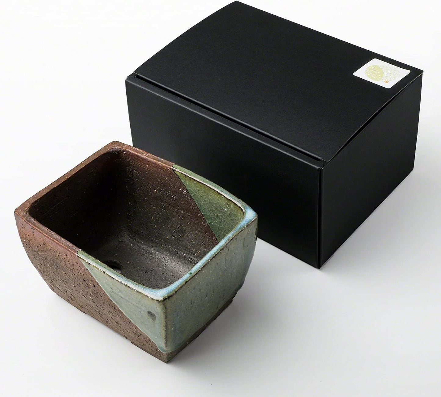 Wazakura Tokoname Series Small Handmade Rectangular Glazed Bonsai Pot with Drainage Holes 5.3 in (135 mm) Made in Japan, Ceramic Training Container and Planter - Brown Green