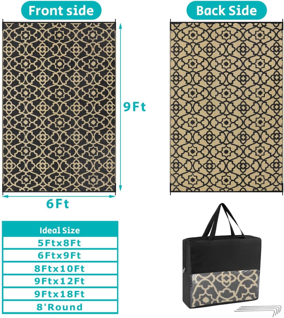 HEBE Outdoor Rug Waterproof 6x9, Reversible Plastic Straw Rug RV Camping Rug, Indoor Outdoor Patio Mat Clearance, Outside Carpet for Porch,Deck,Camper,Balcony,Backyard,Picnic