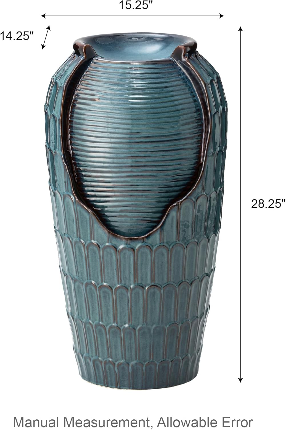 Glitzhome 28.25" H Oversized Ceramic Petals Textured Jar Outdoor Water Fountain, Vintage Turquoise Glaze Vase Patio Garden Waterfall Fountain with LED Light and Submersible Pump