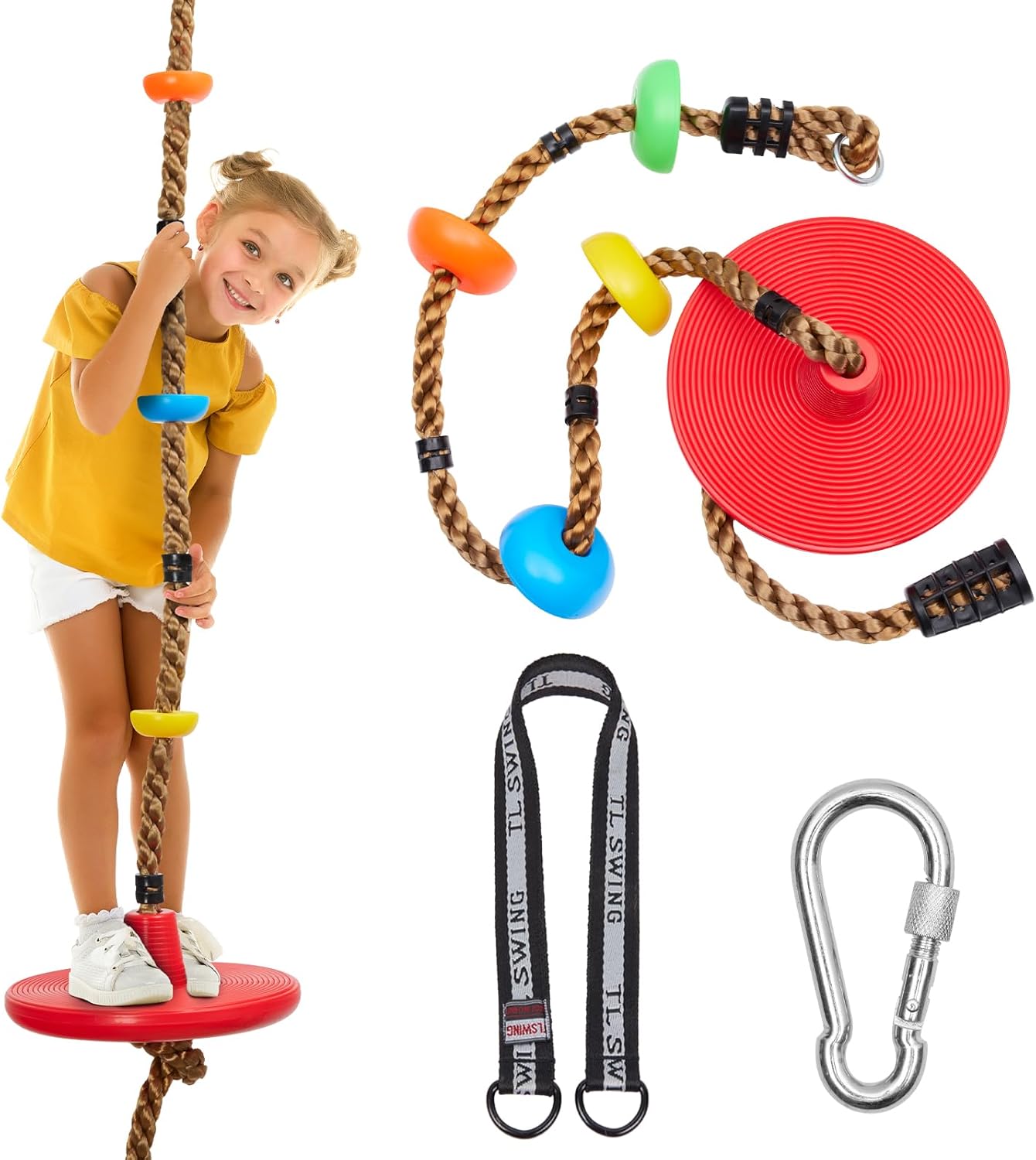 DECORLIFE Adjustable Rope Swing for Kids, Climbing Rope Disc Swing with Platforms, Carabiner and Tree Strap, Tree Swing for Outdoor, Swing Set Playground Accessories, Red