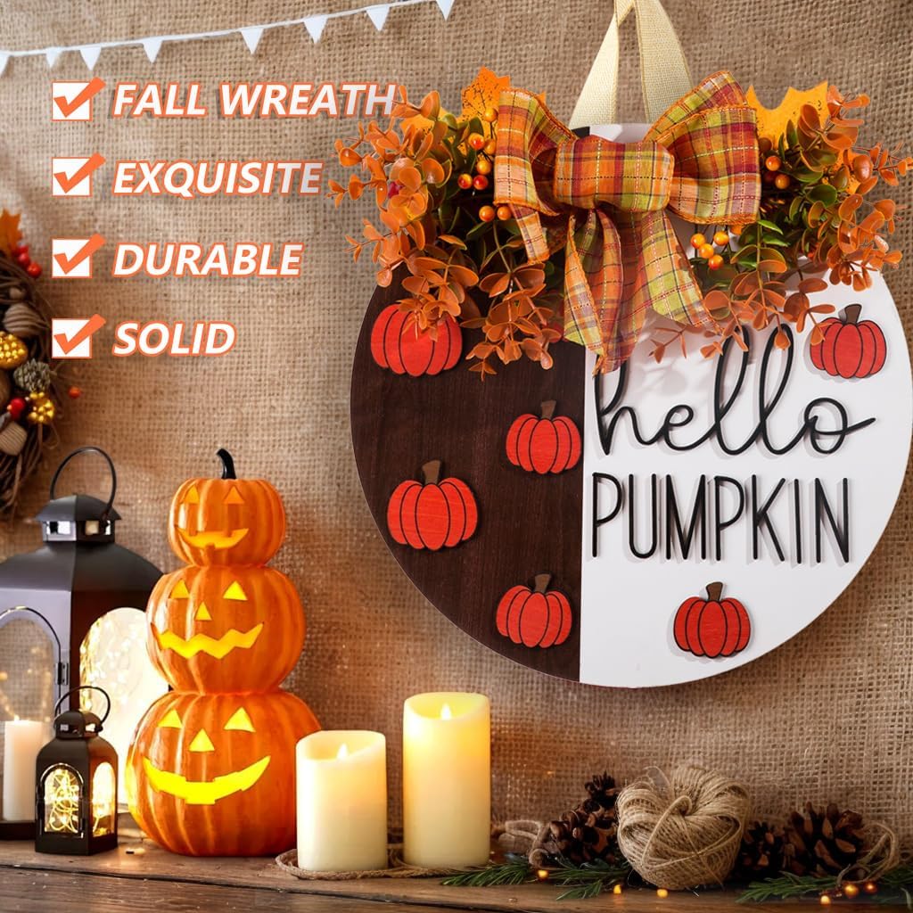 Hello Pumpkin Wooden Door Hanger Fall Outdoor Wreath with Bow & Wreath | Thanksgiving Fall Front Door Decor | Rustic Harvest Farmhouse Sign for Porch, Wall | Indoor Outdoor Autumn Home Decor