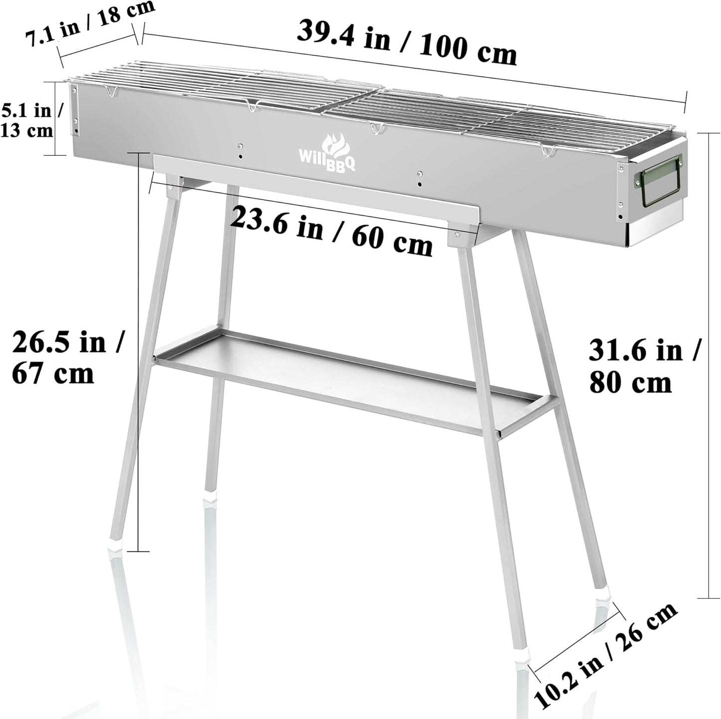 Charcoal Grills Commercial Quality Portable Multiple Size Hibachi BBQ Lamb Skewer Folded Camping Barbecue Grill for Garden Backyard Party Picnic Travel Outdoor Cooking Use(39.4x7.1x5.1 inch)