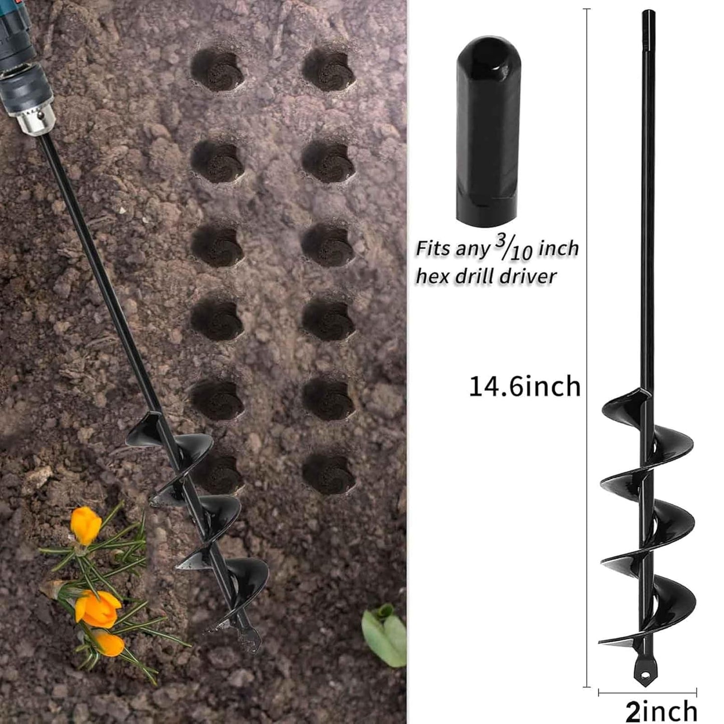 TCBWFY Auger Drill Bit 2x14.6inch Garden Plant Flower Bulb Auger Rapid Planter Bulb & Bedding Plant Auger for 3/8" Hex Drive Earth Drill Fence Post Umbrella Hole Digger