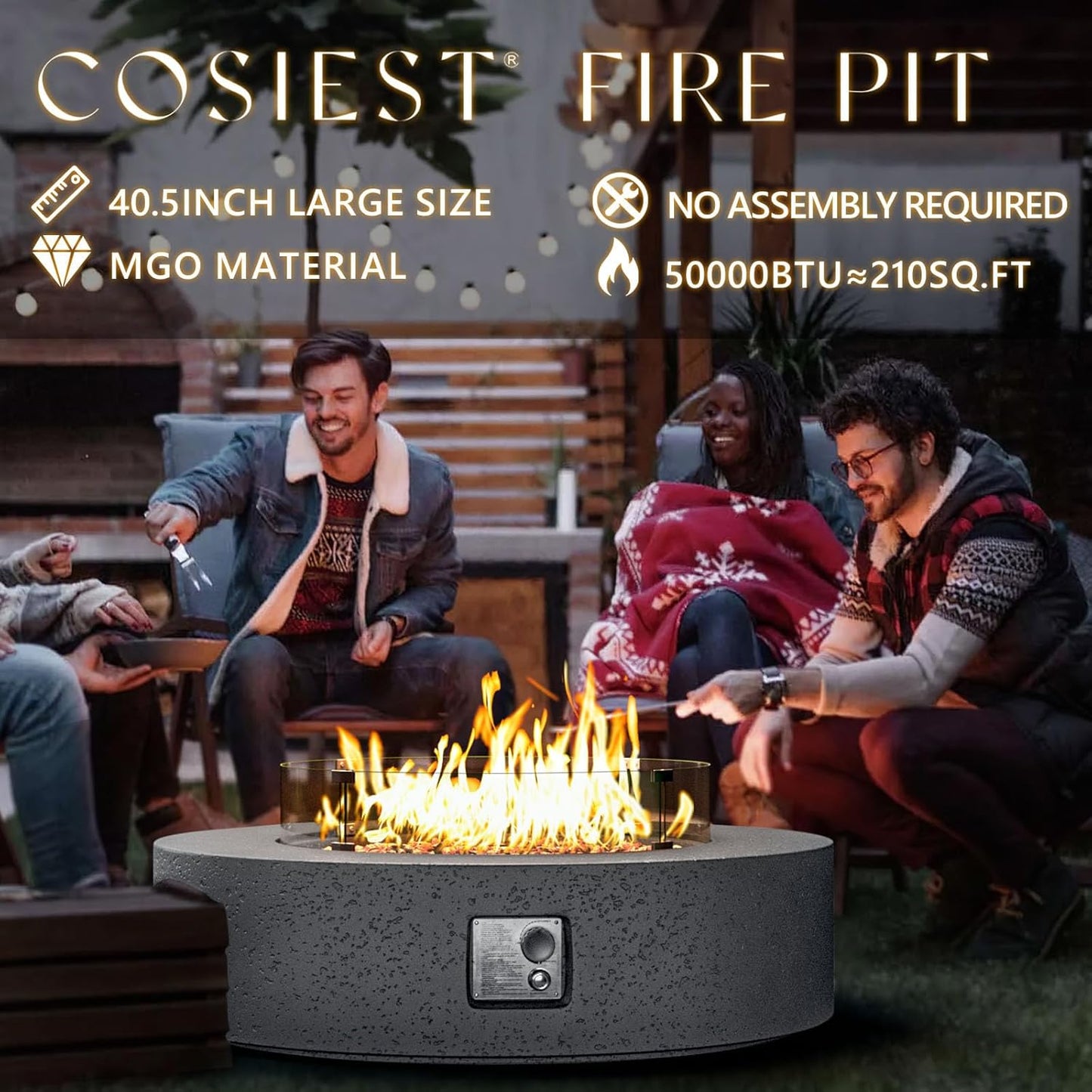 COSIEST 42 inch Outdoor Propane Fire Pit Coffee Table w Concrete Round Base Patio Heater, CSA Certified, 50,000 BTU Stainless Steel Burner, Free Lava Rocks, Rain Cover, Wind Guard, Tank Cover, Gray